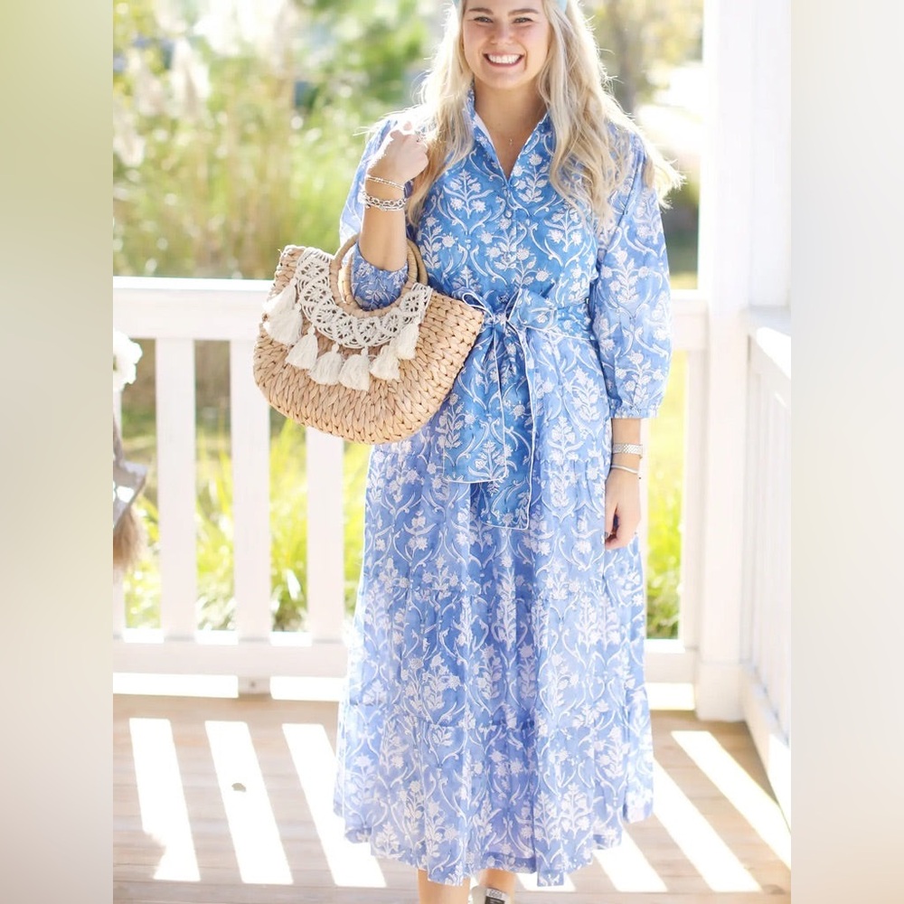 Darlington Isle - The Wimberly Deep Blue Maxi Dress Blockprint NWOT Medium